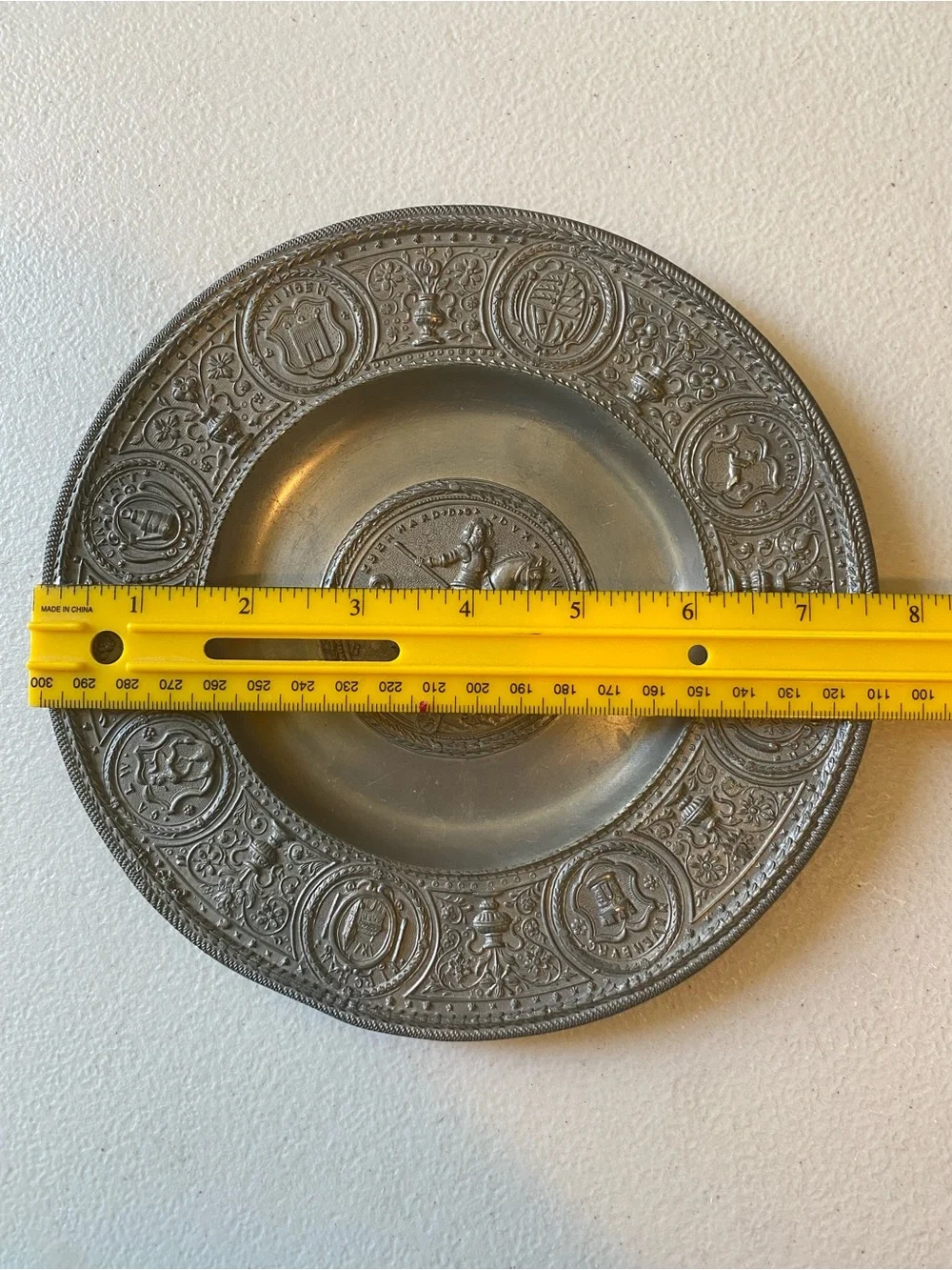 Ornate Pewter Decorative Plate with Equestrian Medallion
